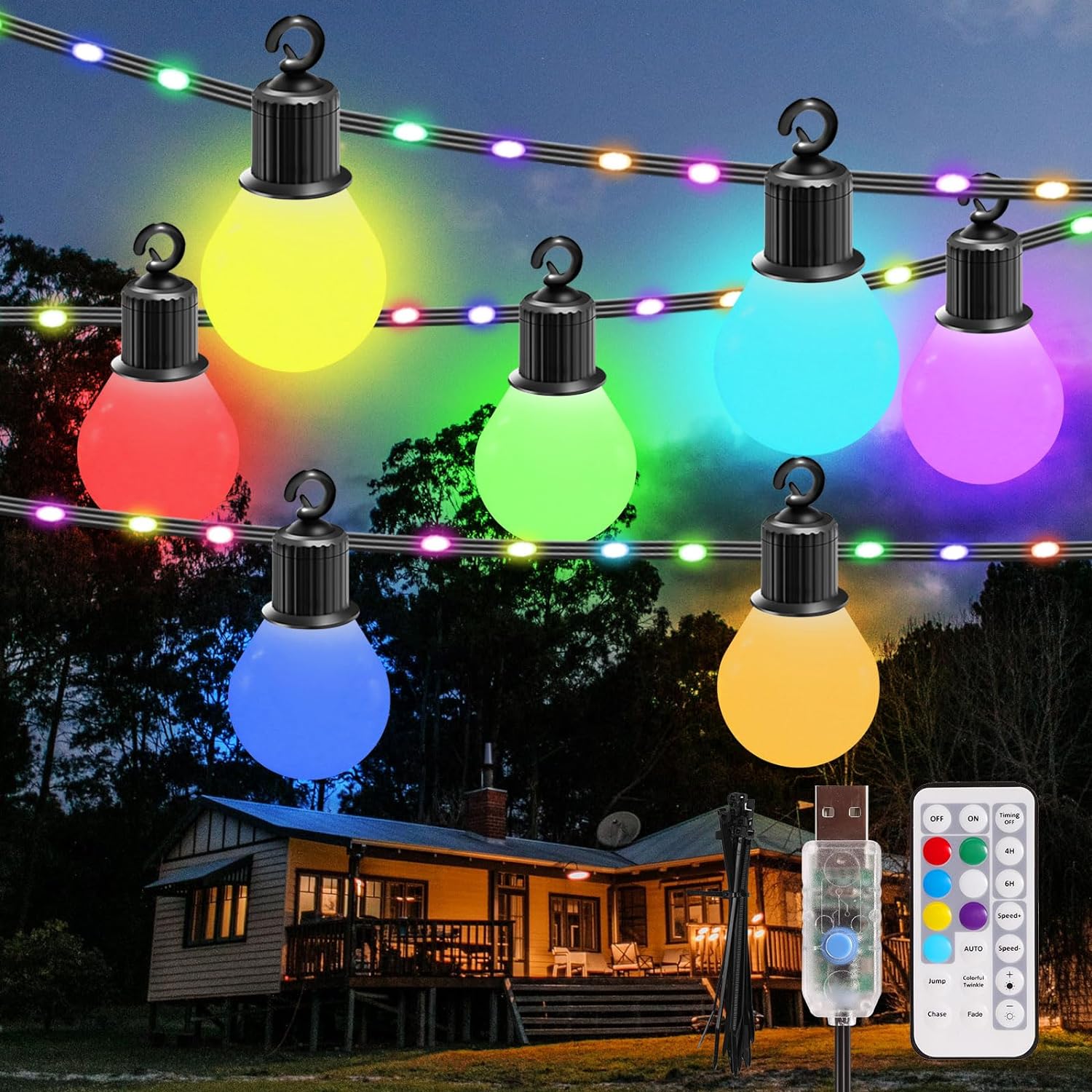 Outdoor String Lights, RGB Patio Lights with 20 Dimmable LED Bulbs IP65 Waterproof Shatterproof,41FT Color Changing String Lights with Remote for Outside Christmas Porch Backyard Decoration