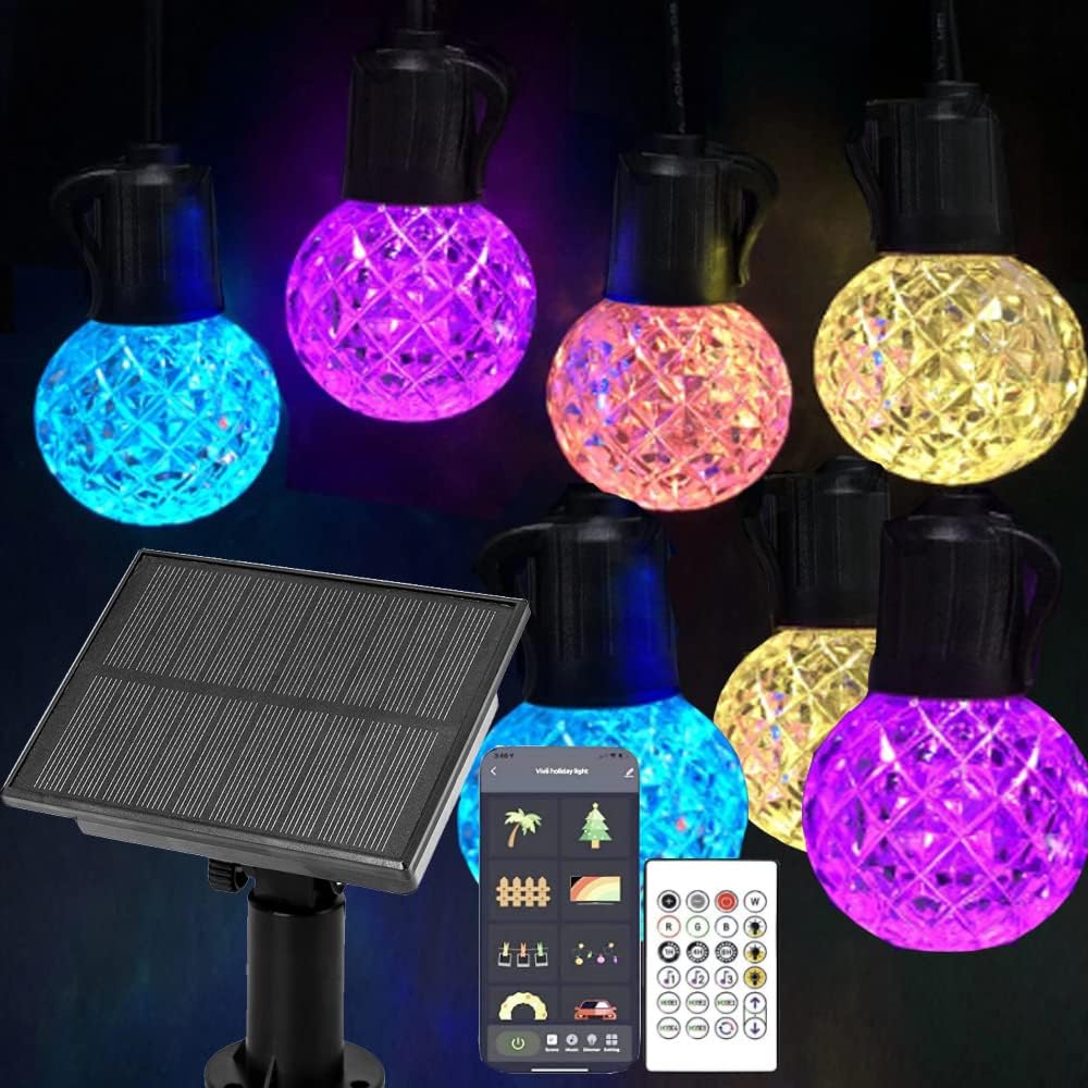 Solar Led Smart String Lights, 25 LED RGBW Bulbs Color Changing Patio String Light App Control IP65 Waterproof 8 Scene Modes 4 Music Modes, Bluetooth 15ft Globe Lights for Backyard Porch Party Decor