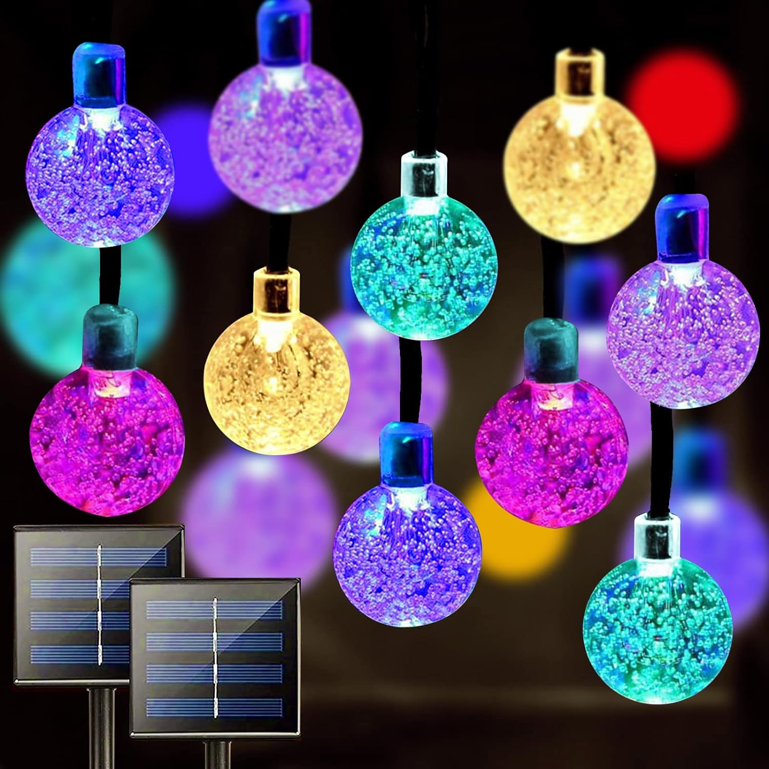 Solar String Lights Outdoor 2 Pack 200 Led 80FT Multi-Color Crystal Globe Lights with 8 Lighting Modes, Waterproof Solar Powered Patio Lights for Garden Yard Porch Wedding Party Decoration