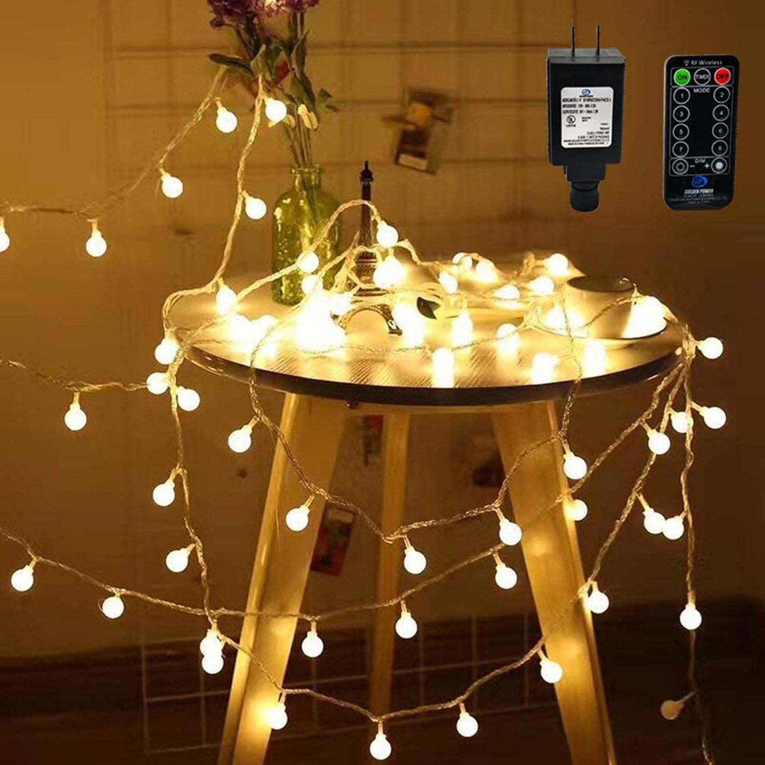 49ft 100 LED Globe String Lights with Remote, 8 Modes, Plug-in Fairy String Lights for Indoor Outdoor Party Wedding Christmas Tree Garden, Warm White - Eco-Friendly, Durable and Energy-Saving
