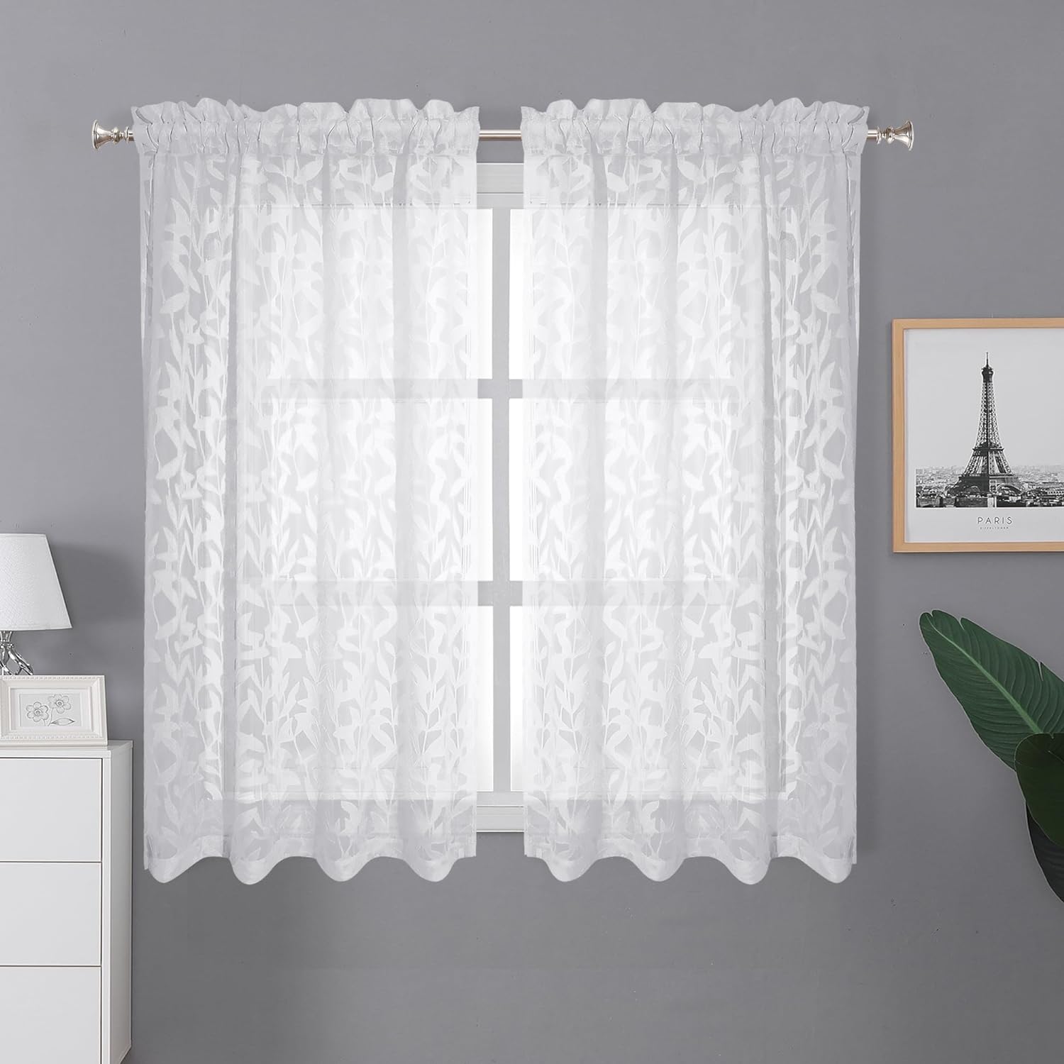 Leia Short White Sheer Curtains 45 Inch Length 2 Panels, Balance Light & Privacy Clip Texture Small Window Curtain for Bedroom, Dual Rod Pockets Basement/Living Room/Kitchen Drapes, 38W x 45L