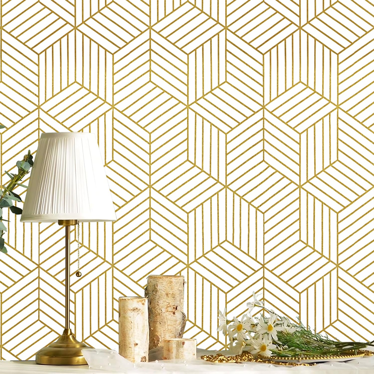 White and Gold Peel and Stick Wallpaper Geometric Hexagon Wallpaper Removable Self Adhesive Wall Paper Gold Striped Vinyl Contact Paper for Cabinets Shelf Drawer Renter Friendly 15.7x118 Upgrade