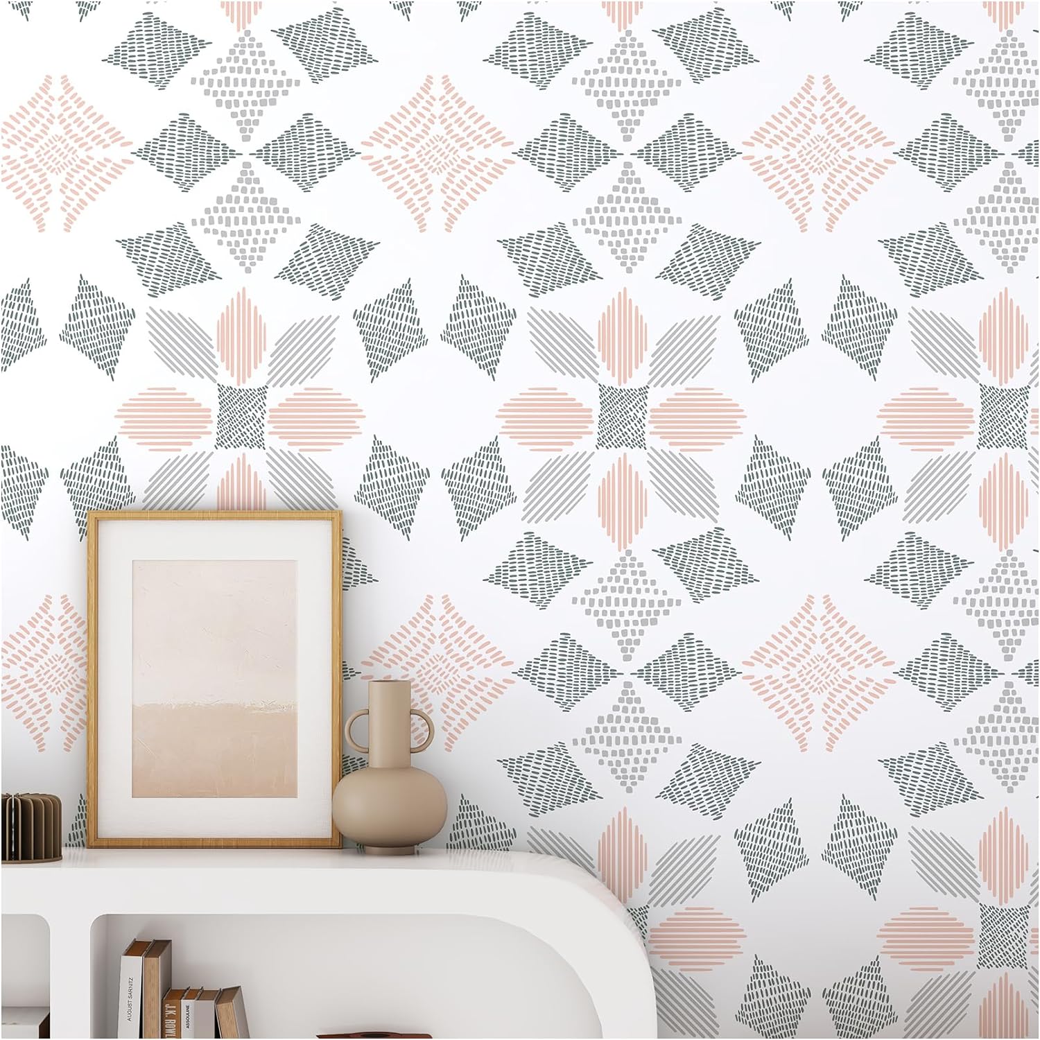 Geometric Diamond 17.378.8 Gray Pink Modern Removable Wallpaper Peel and Stick Wallpaper Contact Paper for Desk Self Adhesive Wallpaper for Bathroom Renter Friendly Wallpaper for Bedroom