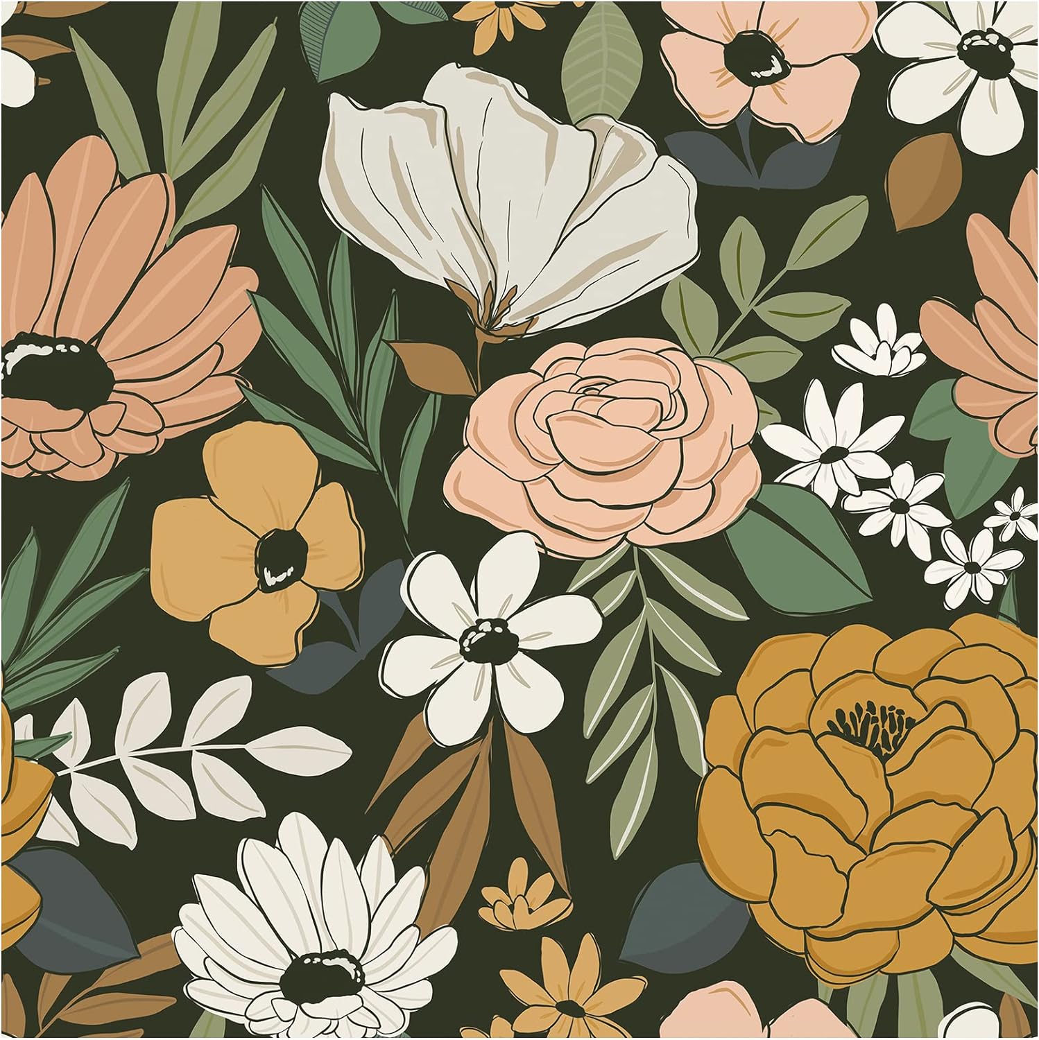 HAOKHOME 93217 Vintage Large Floral Peel and Stick Wallpaper Removable Daisy Leaf Black/Sand/Oliva Vinyl Self Adhesive Contact Paper 17.7in x 9.8ft