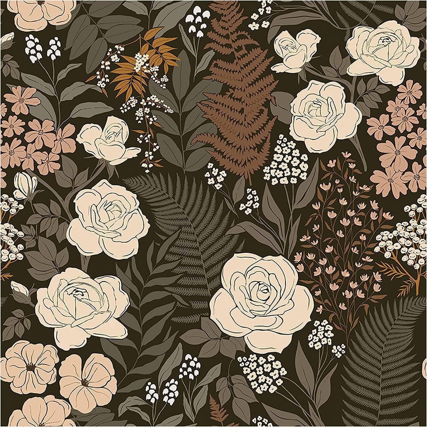 HAOKHOME 93276 Peel and Stick Wallpaper Floral Vintage Removable Rose Leaf Black/Brown/Beige Stick on Mural 17.7in x 9.8ft