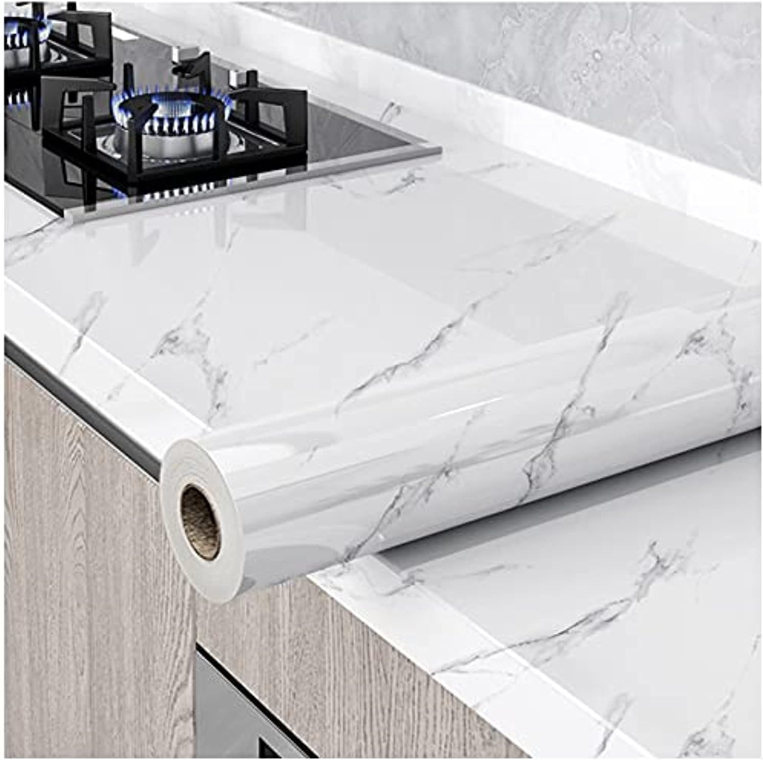 Glossy Marble Wallpaper Granite Gray/White Peel and Stick Self Adhesive Removable Waterproof Countertop Paper for Cabinet Furniture Kitchen Viny Film, 15.8 118