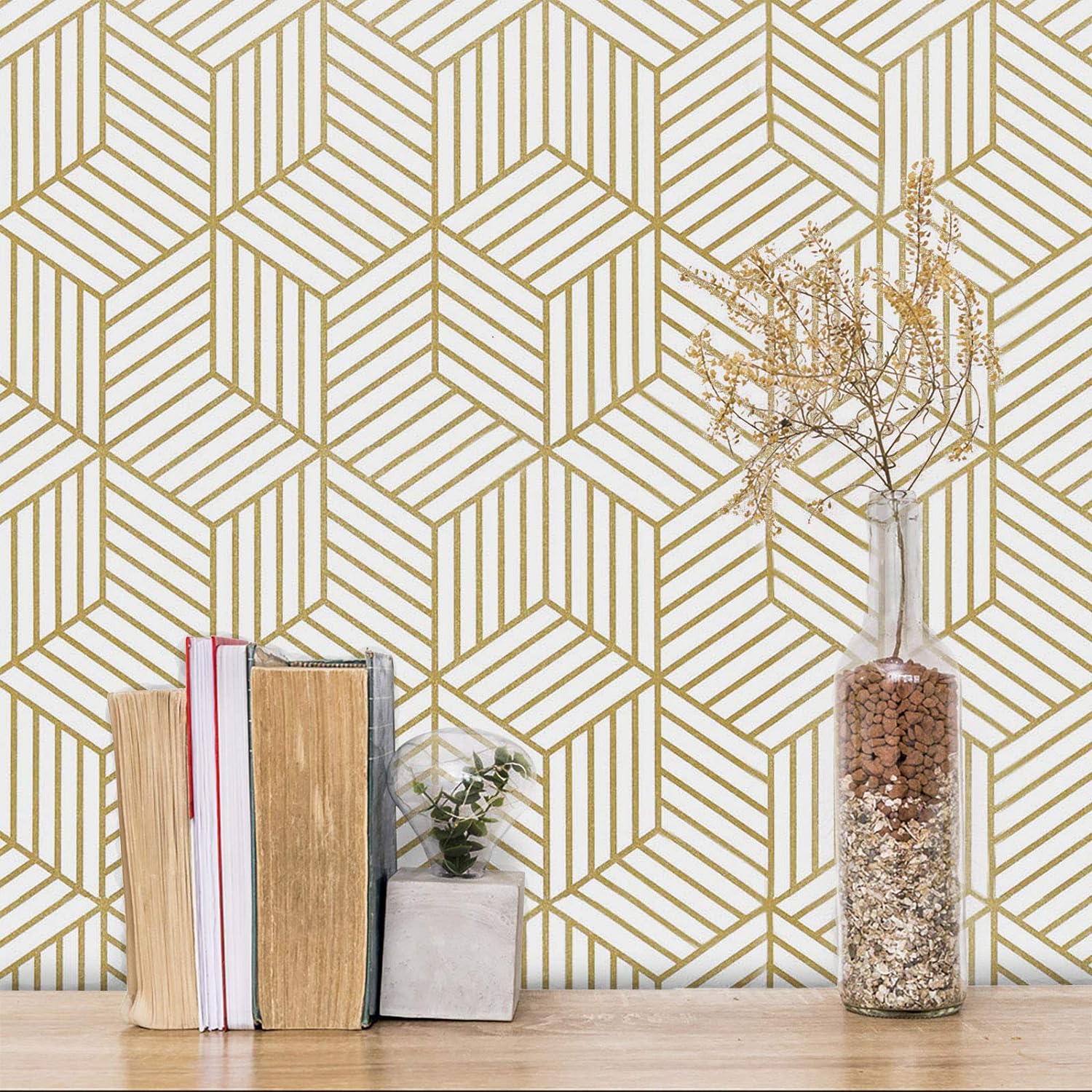 Gold and White Geometric Wallpaper Peel and Stick Wallpaper Boho Hexagon Removable Self Adhesive Wallpaper Gold Stripes Contact Paper Geometric Vinyl Film Decorative Shelf Drawer Waterproof 17.7118