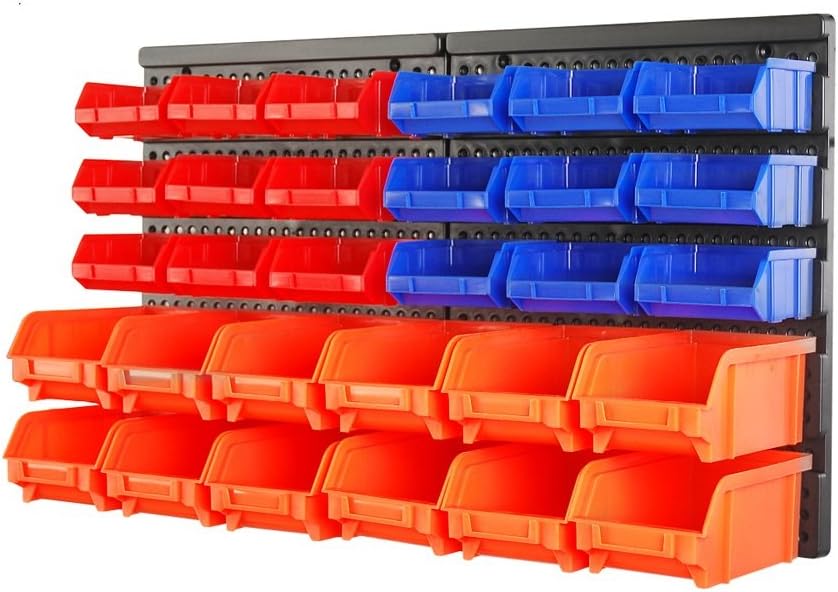 HORUSDY Wall Mounted Storage Bins Parts Rack 30PC Organizer Garage Plastic Shop Tool for Men' Gift, Blue,Orange,Red