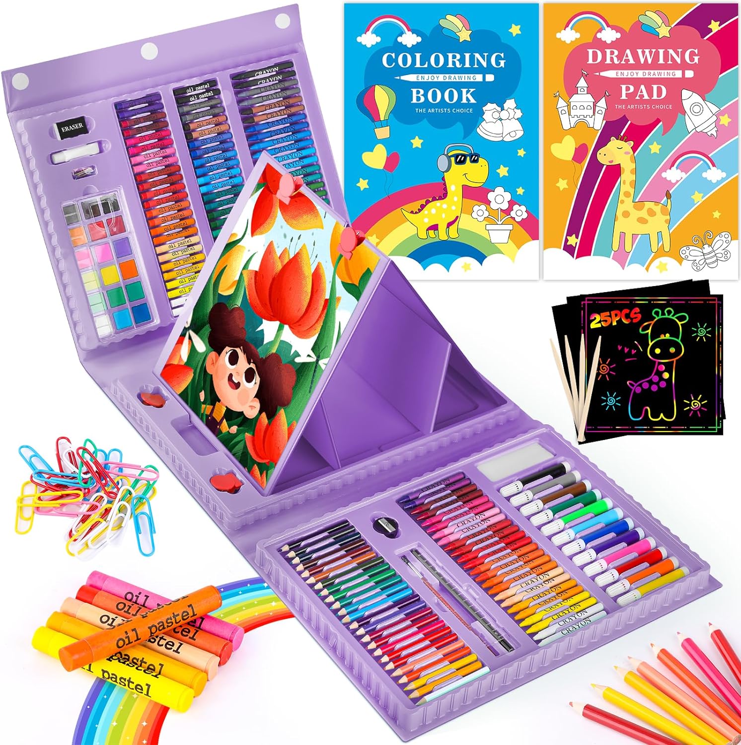 This is the perfect gift for anyone not just kids. We got this for my husband' daughter and of all her gifts it was her favorite. She even got a tablet and she loved this art kit more. It has a built in easel with clips and it works great. I woulda definitely recommend this to anyone who has kids or even adults who maybe travel and enjoy art. It' not a professional art kit but it' perfect for beginners or anyone who just enjoys their artsy side. I can't say enough positive things about this p