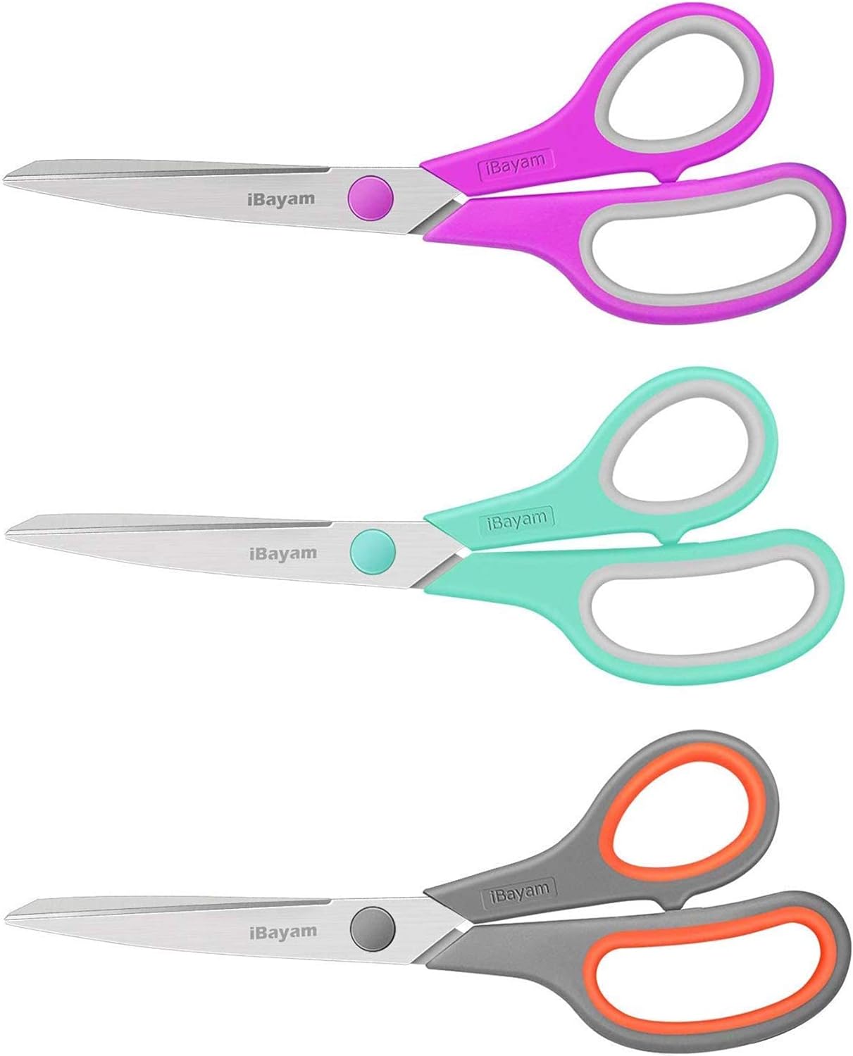I love these scissors so much, they are a real game changer. They are super sharp and the handles are easy to grip which helps with hand fatigue. I use them a lot for my Etsy shop, they are great for cutting paper, fabric, yarn and so much more.Having three scissors in one pack is incredibly convenient. I can keep one in my crafting area, one in the kitchen for various household tasks, and another in my office for everyday use. Plus, with multiple pairs, I always have a backup handy in case one 