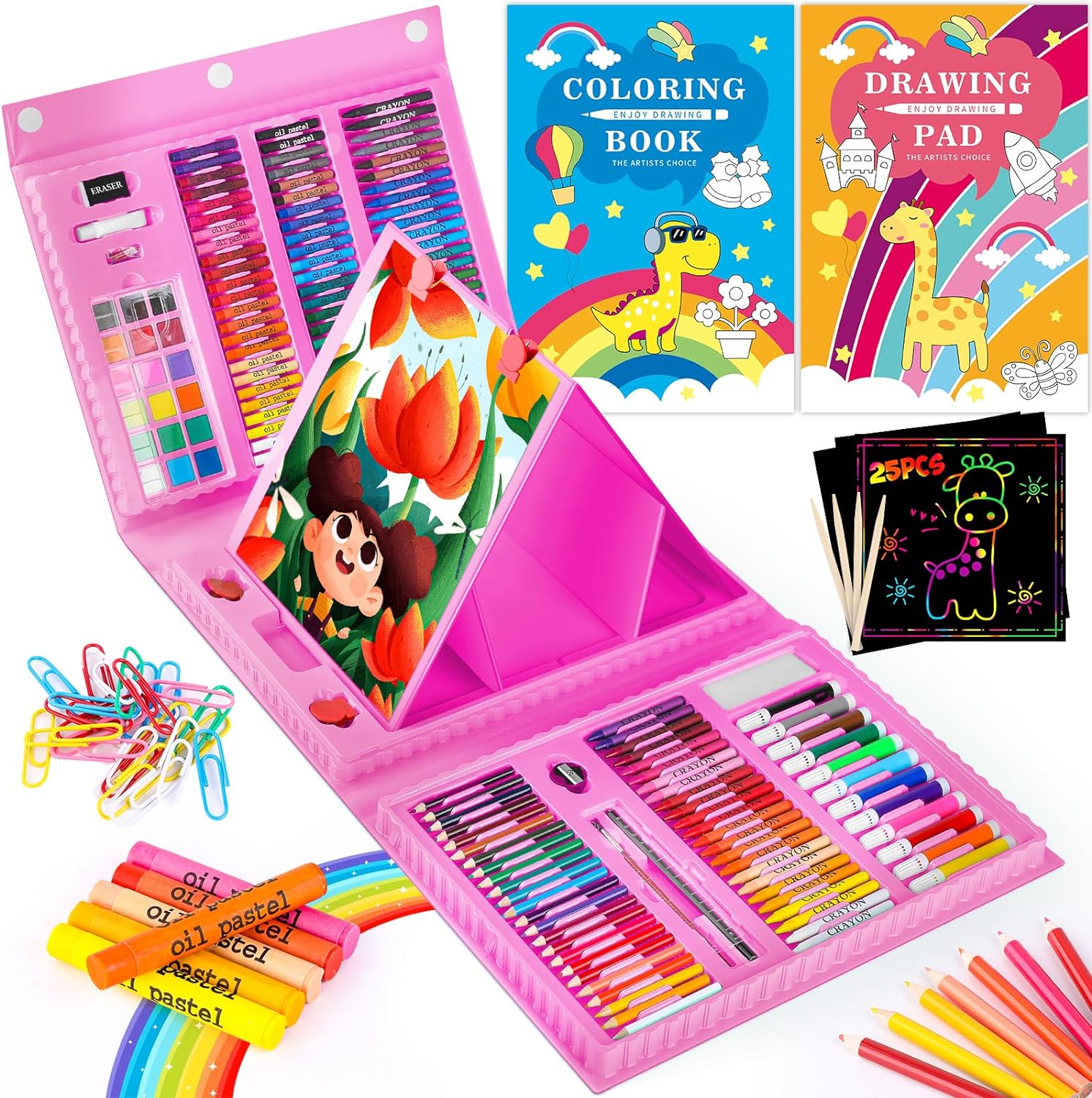 This is the perfect gift for anyone not just kids. We got this for my husband' daughter and of all her gifts it was her favorite. She even got a tablet and she loved this art kit more. It has a built in easel with clips and it works great. I woulda definitely recommend this to anyone who has kids or even adults who maybe travel and enjoy art. It' not a professional art kit but it' perfect for beginners or anyone who just enjoys their artsy side. I can't say enough positive things about this p