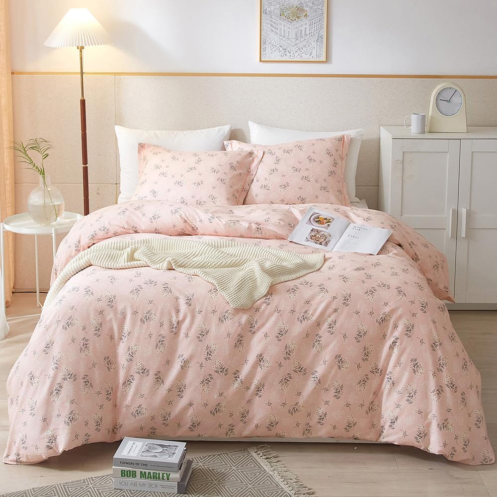 HighBuy Boho Floral Duvet Cover Queen Cotton Aesthetic Pink Comforter Set Lightweight Soft Garden Style Bedding Zipper Closure Breathable