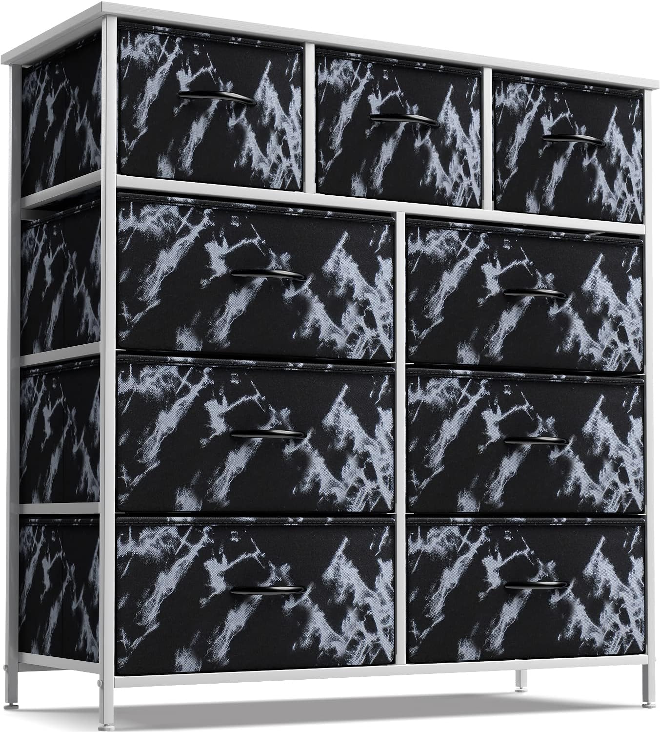 Sorbus Dresser with 9 Drawers - Furniture Storage Chest Tower Unit for Bedroom, Hallway, Closet, Office - Steel Frame, Wood Top, Fabric Bins (Marble Black  White Frame)