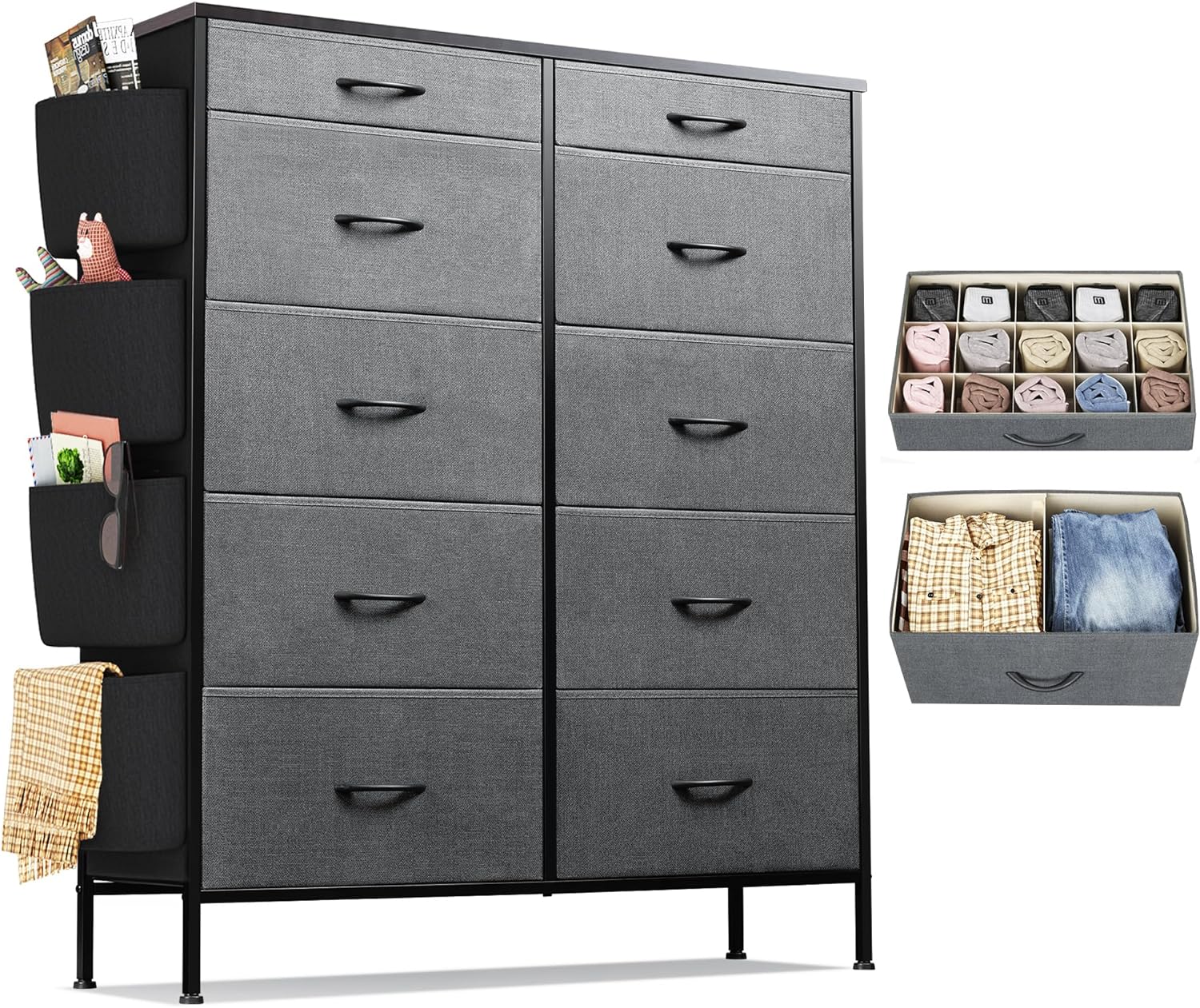 WLIVE Dresser for Bedroom with 10 Drawers, Tall Storage Tower with Drawer Organizers, Side Pockets and Hooks, Fabric Dresser, Chest of Drawers for Living Room, Closet, Hallway, Dark Grey