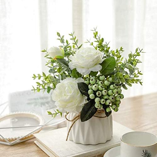 Artificial Flowers with Small Ceramic Vase Silk Roses Fake Plants Eucalyptus Leaves Berries Flower Arrangements Decorations for Home(White)