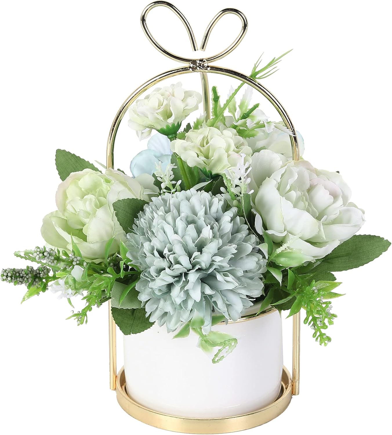 Nubry Artificial Flowers with Vase Fake Peony Silk Hydrangea Faux Wildflowers Arrangements in Vase for House Table Office Desk Decor (Green)