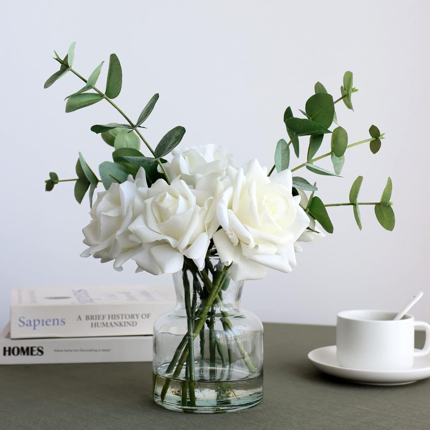 Artificial Flowers with White Roses in Vase, Fake Flowers in Artificial Water Vase, Silk Flower Arrangements in Vase with Artificial Flowers for Home Dining Table Decor.