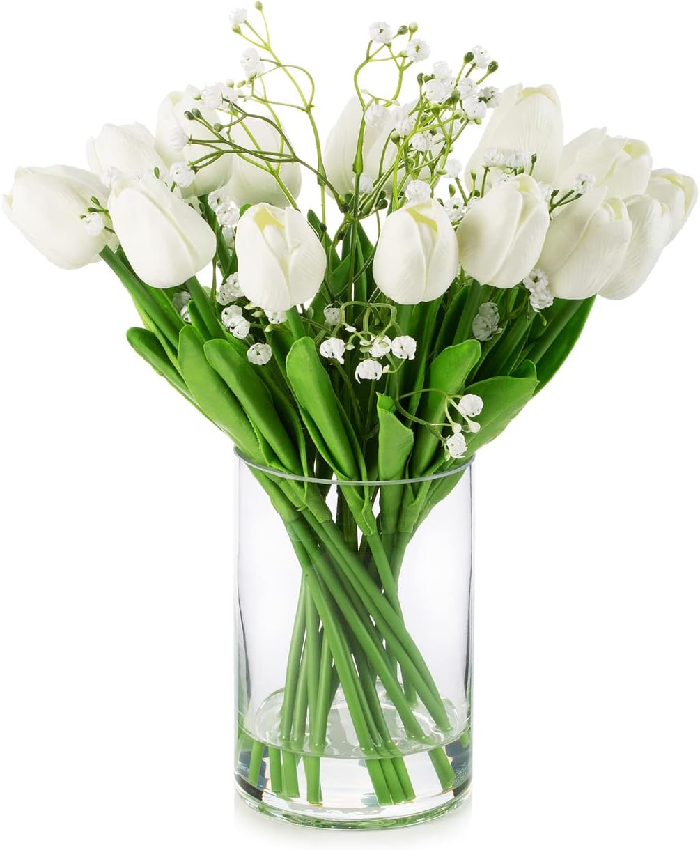 18 Heads Artificial Tulips Flowers Real Touch in Vase, Mixed Fake Gypsophila Artificial Flowers in Vase with Faux Water for Dining Table, Wedding Event (White)