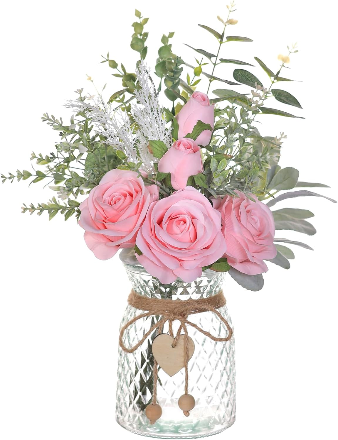 Faux Flowers with Vase,Artificial Silk Roses in Vase, Fake Plant Eucalyptus Flower Arrangement for Home Office Farmhouse Bathroom Dining Table Centerpiece Decorations Coffee Table Decor (Pink)