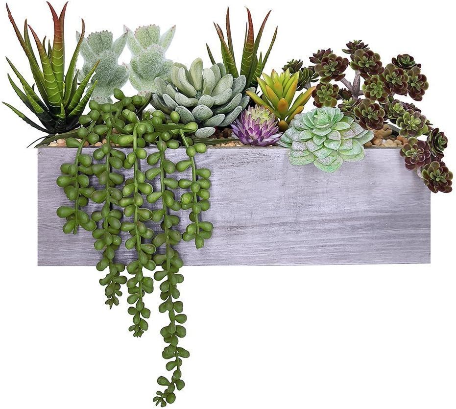 Supla Artificial Potted Succulents Plants Arrangement Fake Succulent Plants in Rectangular Wooden Pot Arrangement for Table Centerpiece Windowsill Greenery Decor