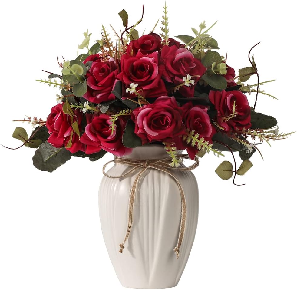 LESING Artificial Rose Flowers with Vase Faux Silk Fake Rose Flowers Bouquets in Vase Table Centerpiece Arrangement for Home Wedding Decoration (Claret Red)