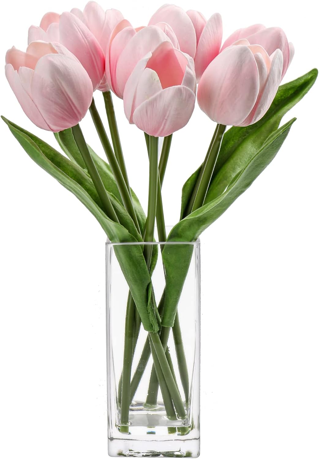 Briful Fake Flowers Artificial Tulip Flower Pink in Clear Vase, Real Touch Foam Tulip Arrangement Suitable for Home Office Decoration, Dining Table Centerpiece