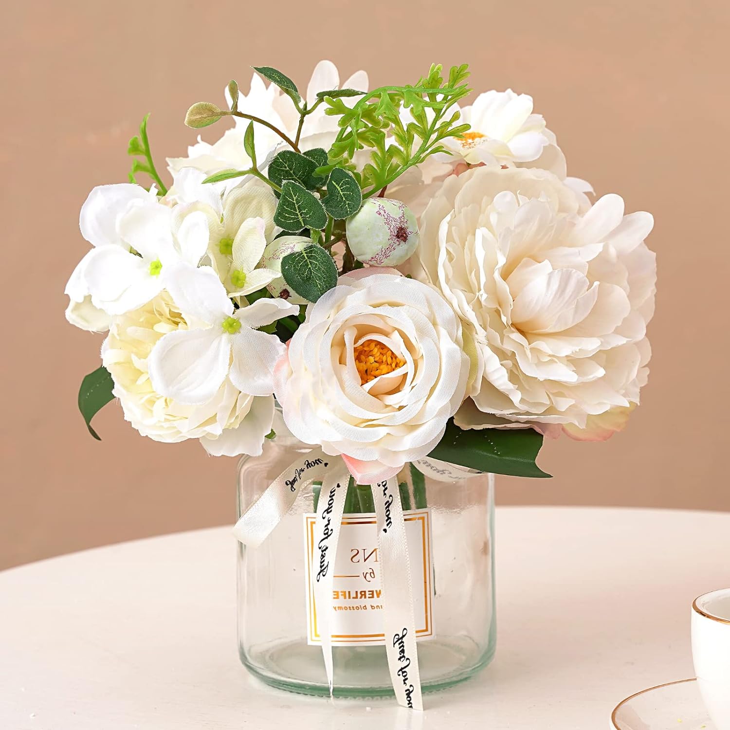 ASTRYAS Artificial Flowers in Vase, Fake Peony in Vase, White Faux Flowers Arrangement with Vase Decoration for Farmhouse Dining Table Decor, Coffee Table Centerpiece Home Decor(White)