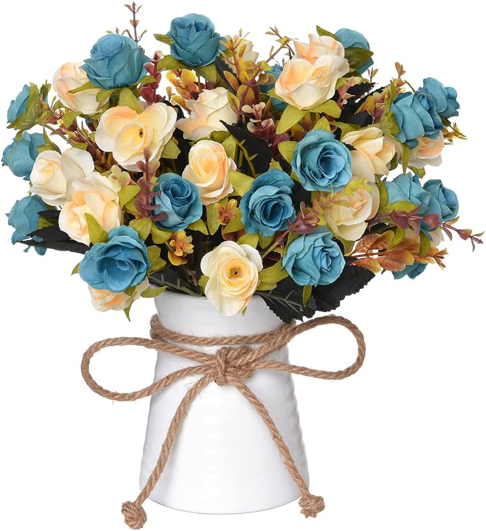 Artificial Rose Flower in Vase Fake Flower Bouquet with Ceramics Vase Silk Flower Arrangements Table Centerpieces Wedding Flower Bouquets for Office Meeting Room Home Dcor (Blue)