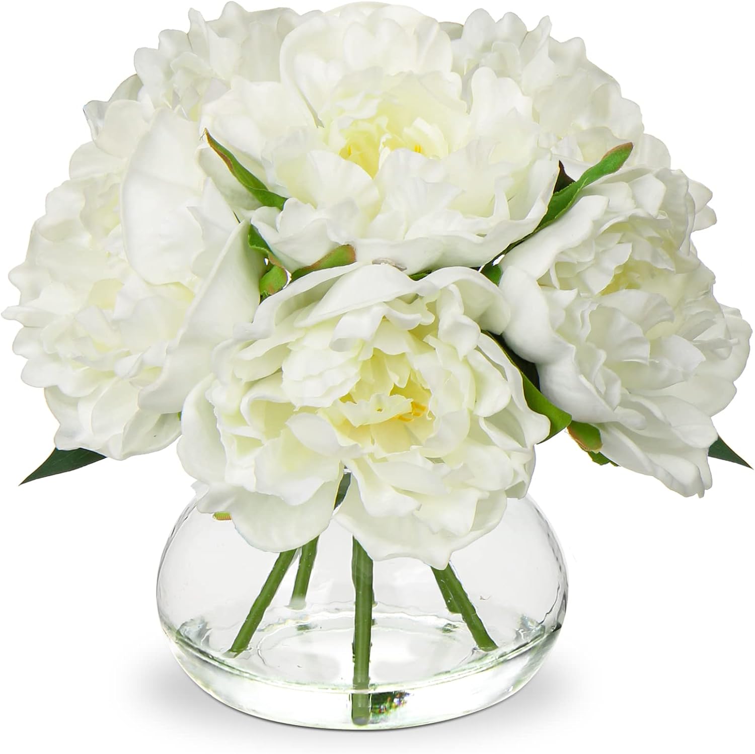 Hollyone Fake Flowers White Peonies Artificial Flowers Faux Flowers with Vase Peony Silk Flower Arrangements in Glass Vase with Faux Water for Home Decor Bathroom Table Centerpiece Shelf Decorations