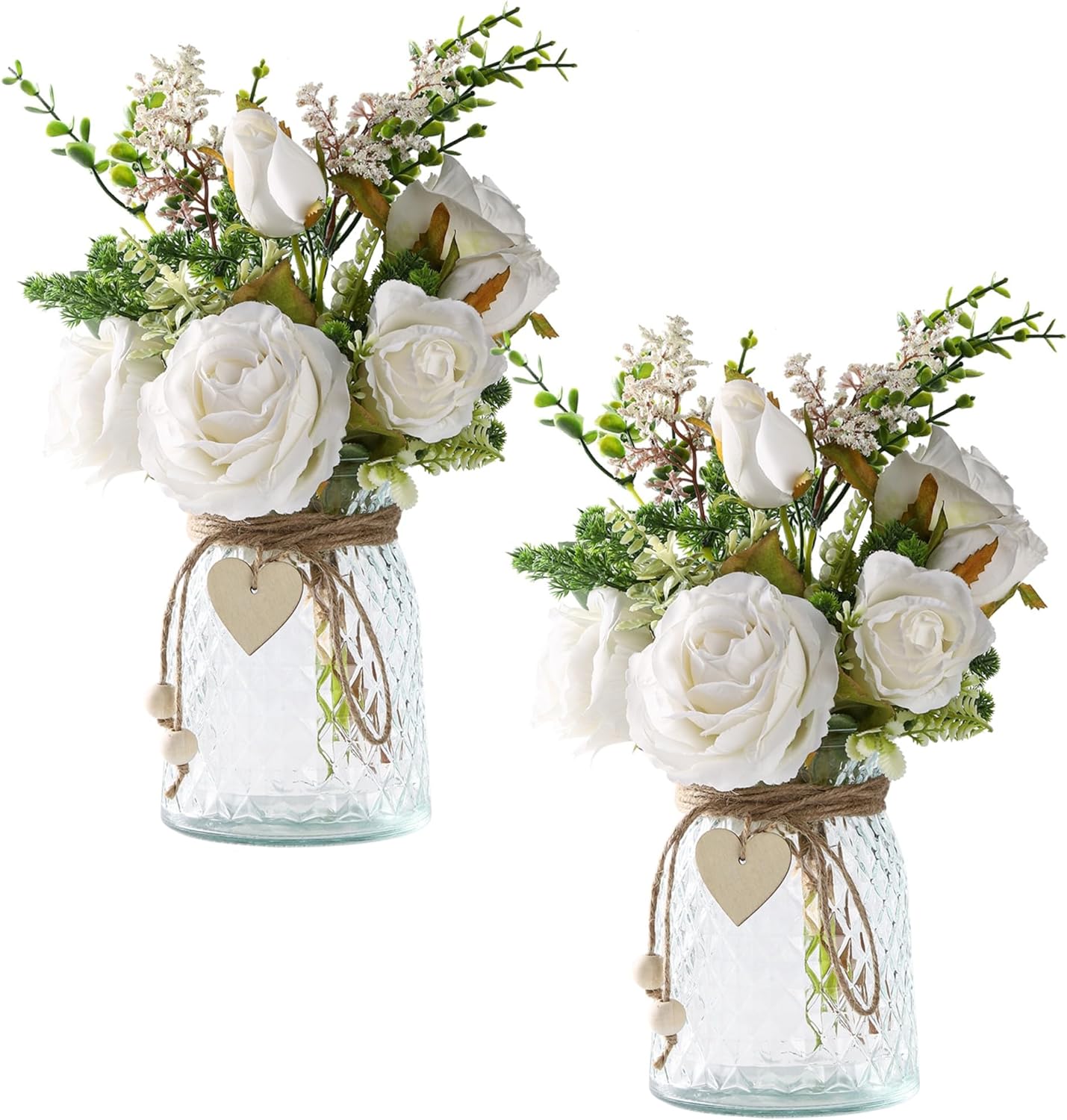 Flojery 2 Packs Faux Flowers in vase,Fake Flowers with Vase, Artificial Silk Roses in Vase, Artificial Flowers in Vase, Faux Flower Arrangement with Vase for Farmhouse (White with vase)