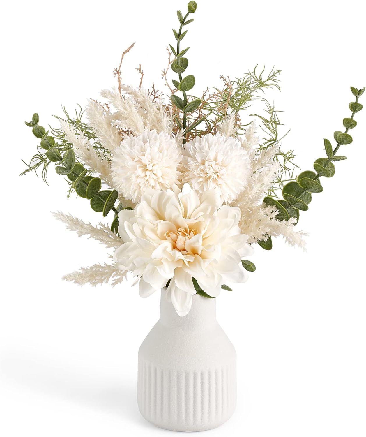 Mkono Small Artificial Flowers in Ceramic Vase 13.7 Centerpieces Coffee Table Decor, Silk Flower Arrangements for Home Decor Indoor Fake Flower Bouquet for Dining Room Kitchen Wedding, White