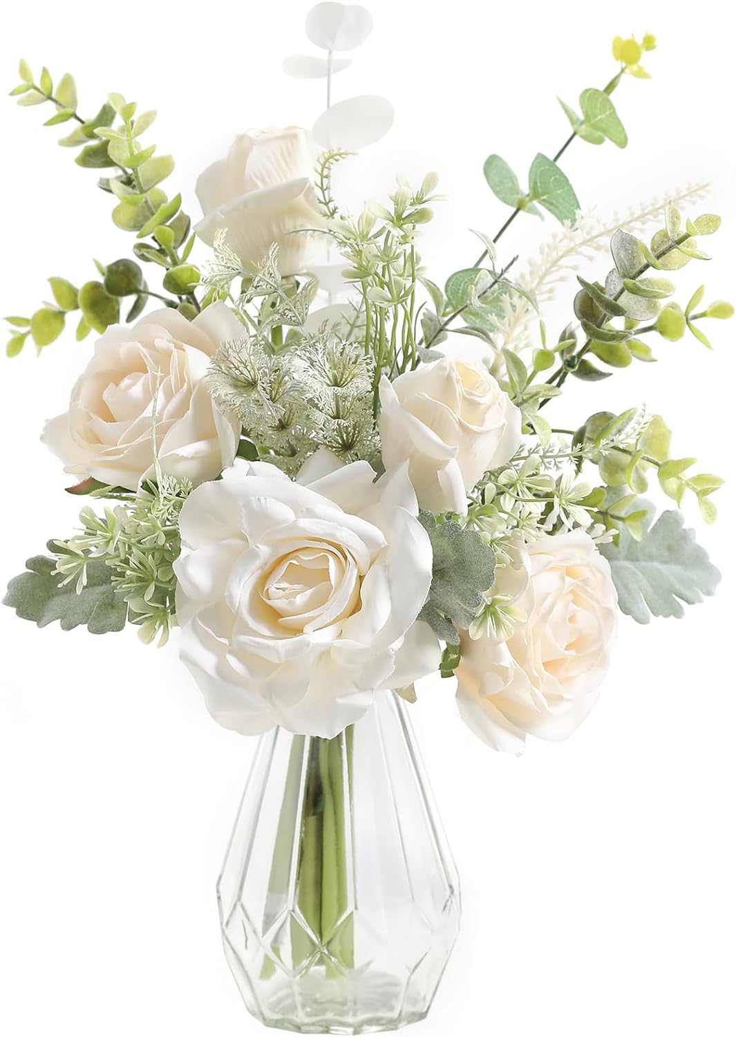 Artificial Flowers with Vase,White Silk Roses and Fake Plant Eucalyptus in Vase,Faux Flower Arrangement with Vase Suitable for Home Office Decoration, Living Room and Dining Table Centerpiece