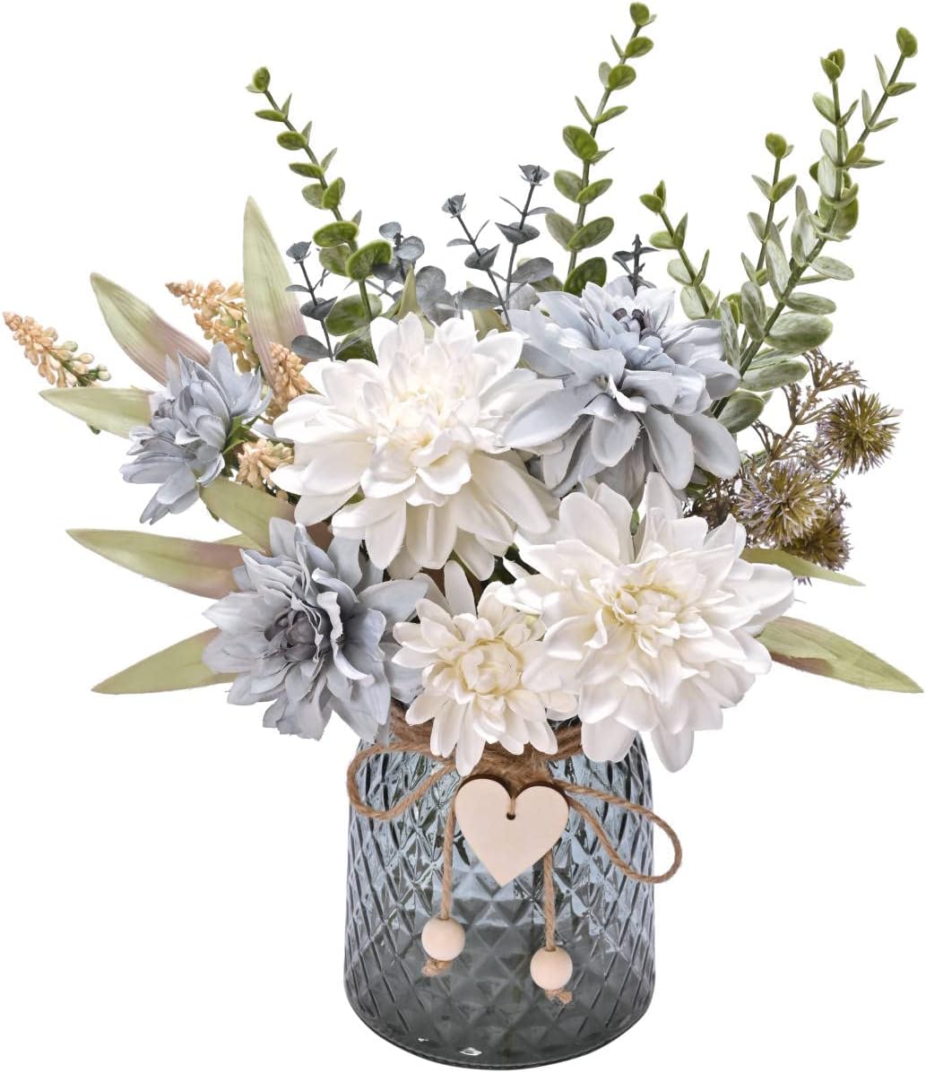 Fake Flowers with Vase, Blue Silk Roses Artificial Flowers in Vase Silk Flowers Arrangement with Vase Suitable for Fall Home Spring Decor Office Decoration, Centerpiece Table Decorations