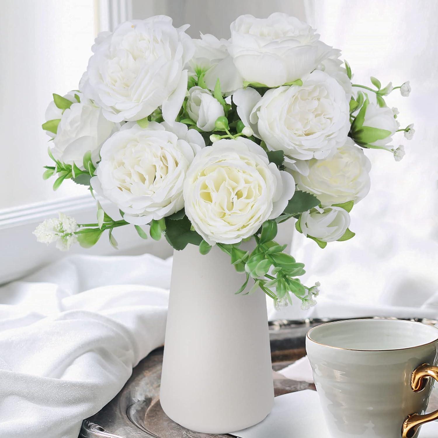 RECUTMS 2PCS Artificial Flowers with Vase, Faux Peony Silk Fake Flowers in Ceramics Vase Floral Arrangements for Farmhouse Table, Coffee Table Decor,Table Decorations, Living Room Decor(White)