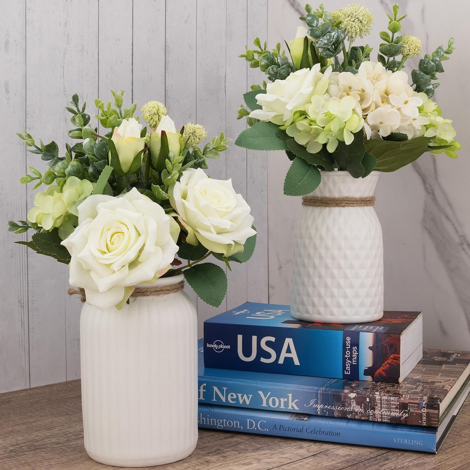 2 Pack Faux Flowers in Vases, Silk Rose Hydrangea Artificial Flowers Eucalyptus with Ceramic Vases, Fake Floral Arrangement for Home Wedding Decor Table Centerpieces Decoration (2 Pack, White)