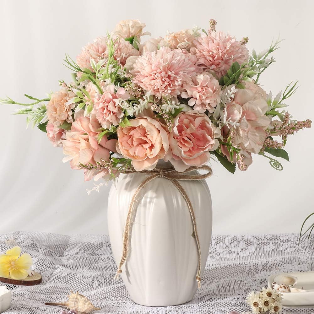 Peonies Artificial Flowers in Vase, Fake Hydrangea Silk Peony Flower Bouquet with Vase Faux Flowers Arrangement Decor Home Table Dining Room (Pink)