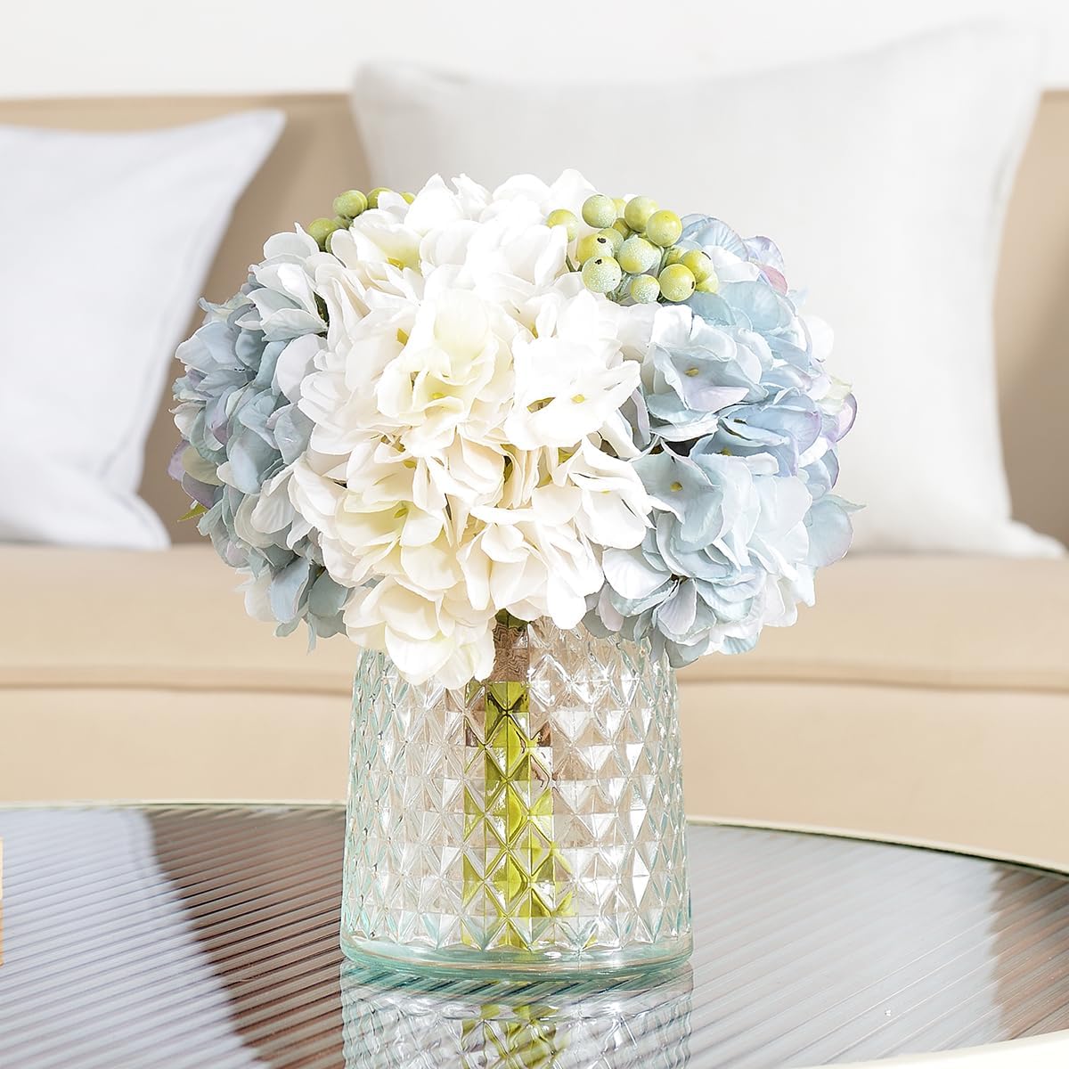 Wracra Hydrangeas Floral Arrangement in Glass Vase, Fake Flowers Silk Hydrangea Artificial Flowers with Vase for Home Office Decoration, Dining Table Centerpiece