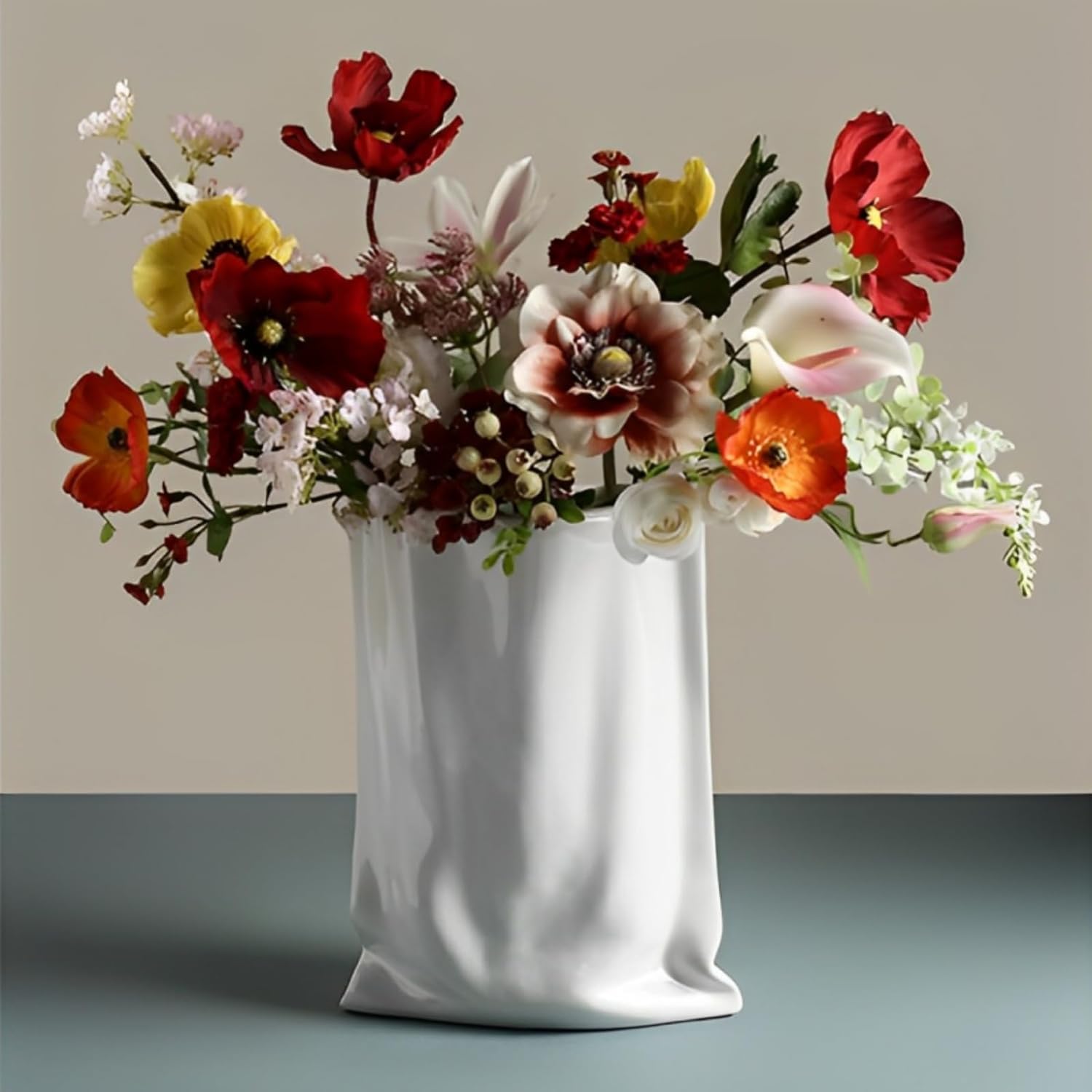 Ceramic Paper Bag Floral Vase, Modern Crinkle Bag Wide Mouth Unique Vases, Trendy Minimalist Square Vases for Centerpieces Table Decor (White W 7 in X H 9.2 in)