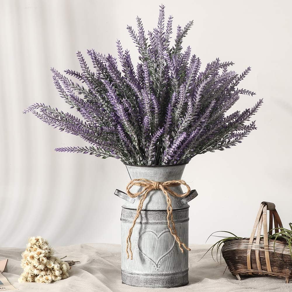 LESING Artificial Lavender Flowers with Vase Fake Lavender Plants in Decorative Metal Vase Rustic Vintage Flowers for Home Farmhouse Decoration (Heart,Purple)