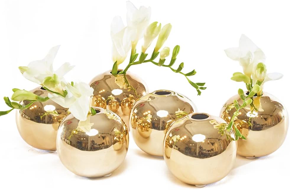 Chive - Set of 6 JoJo Small 3 Sphere, Round Ceramic Flower Vase, Decorative Modern Floral Vase for Home Decor Living Room Centerpieces and Events, Cute Bud Vase (Gold)