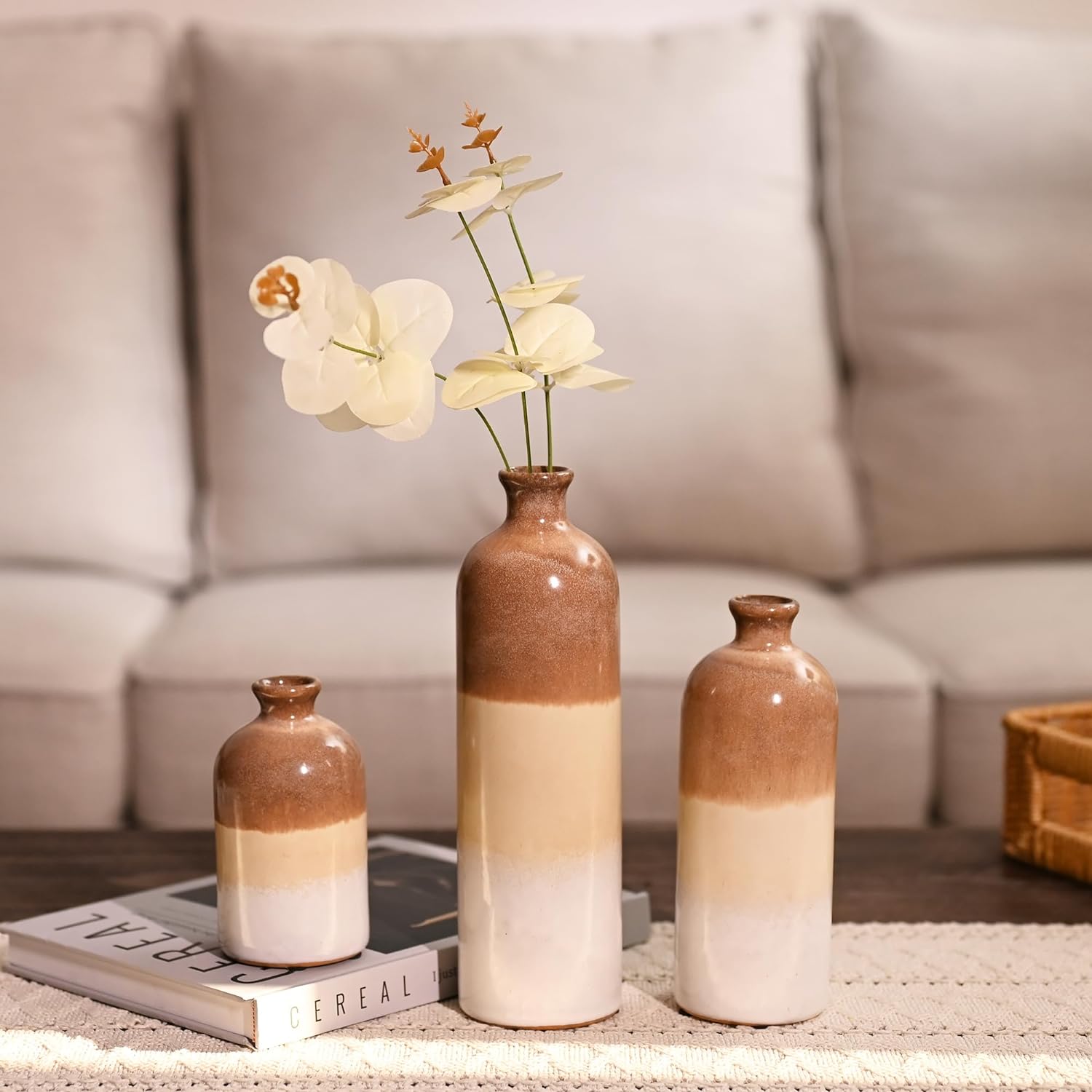 TERESA'S COLLECTIONS Beige Vase Set, Rustic Farmhouse Ceramic Vases for Mantel Decor, Decorative Flower Vases for Centerpieces, Shelf, Living Room, Ideal Gift for Valentines Day and Mom-Set of 3, 10