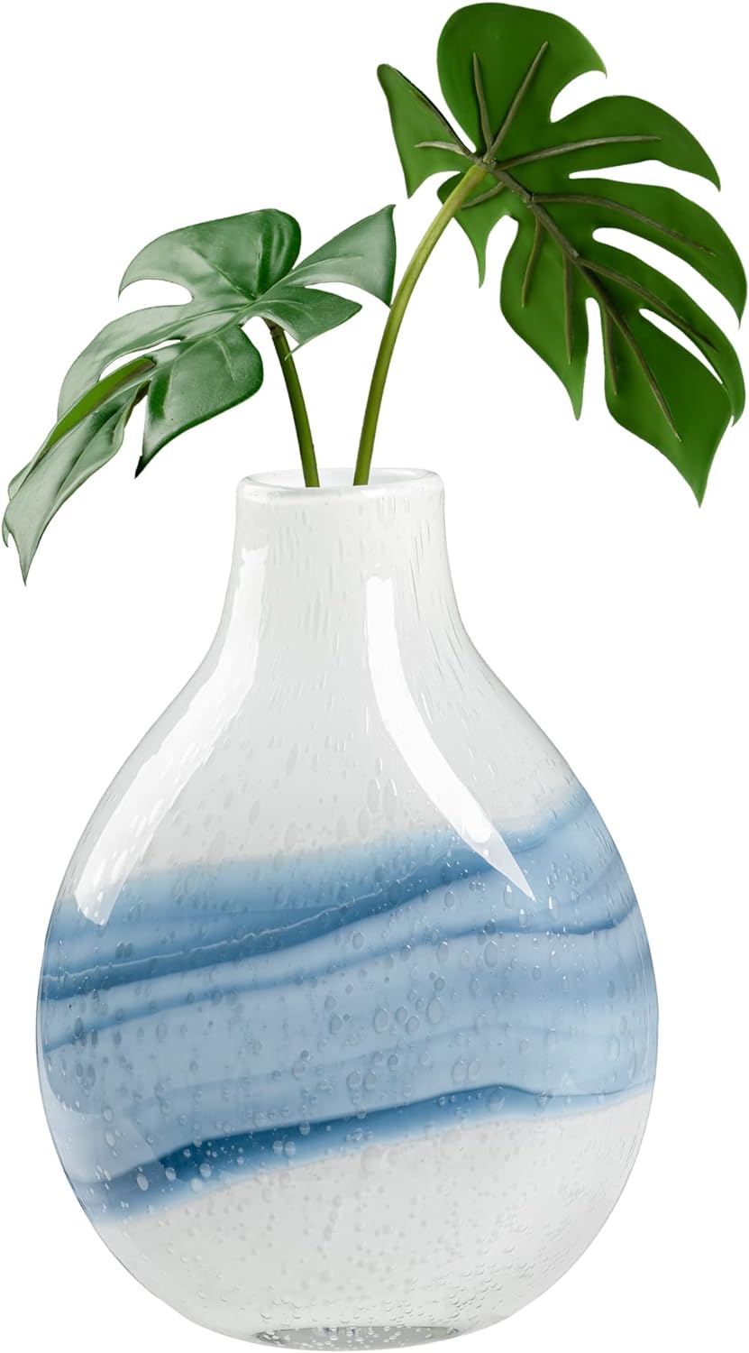 Andrea Glass Vase by Torre & Tagus | White Vases for Decor | Colored Glass Vase Made for Living Room, Home Office | Ocean Decor Flower Vase | Coastal Decor Vase for Entryway Table | 11 Tall White