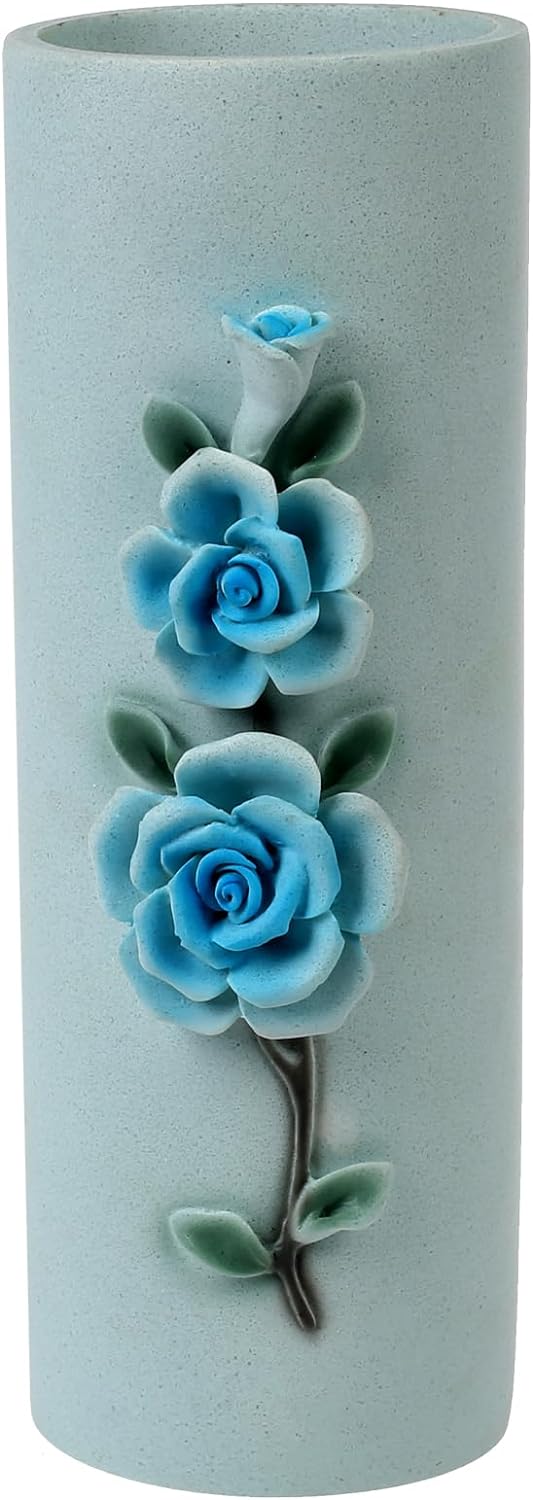 Dinning Table Decor Vase 9.8 Tall, Handcaft 3D Embossed Floral Design Resin Stone Vase for Flower, Cylindrical Blue Vase for Living Room Tabletop,Shelf,Mantel and Farmhouse Decor