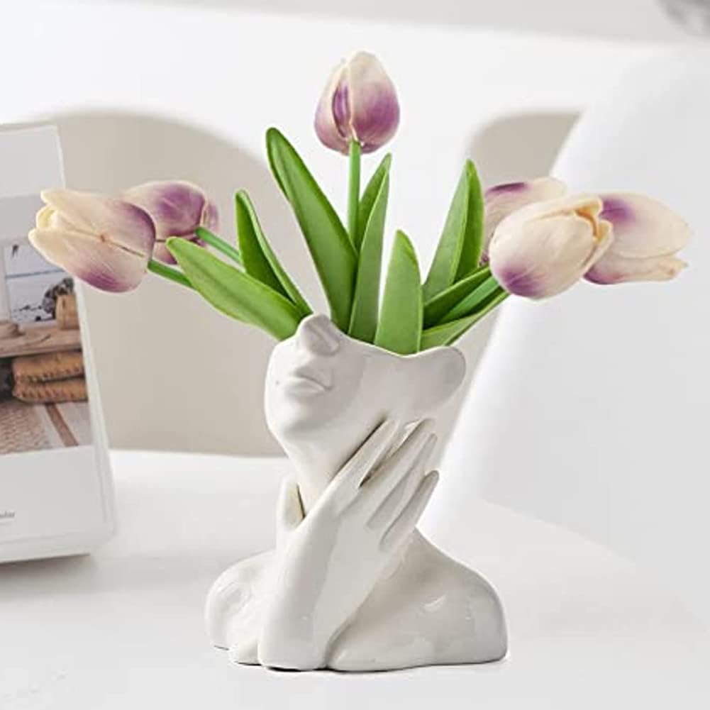 White Ceramic Face Vase, Female Form Head Half Body Bust Vases Boho Feminist Minimalism Decorative Modern Nordic Style Flower Vase for Home Living Room Office Book Shelf Decor (Medium)