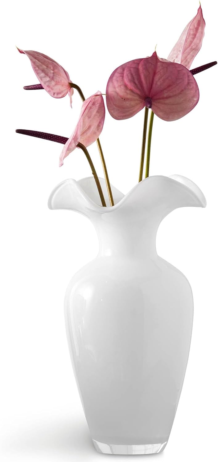 Vase - Opal White - Glass - Flair Top - 13.5 Height - Euoropean Quality Glass - by Barski - Made in Europe