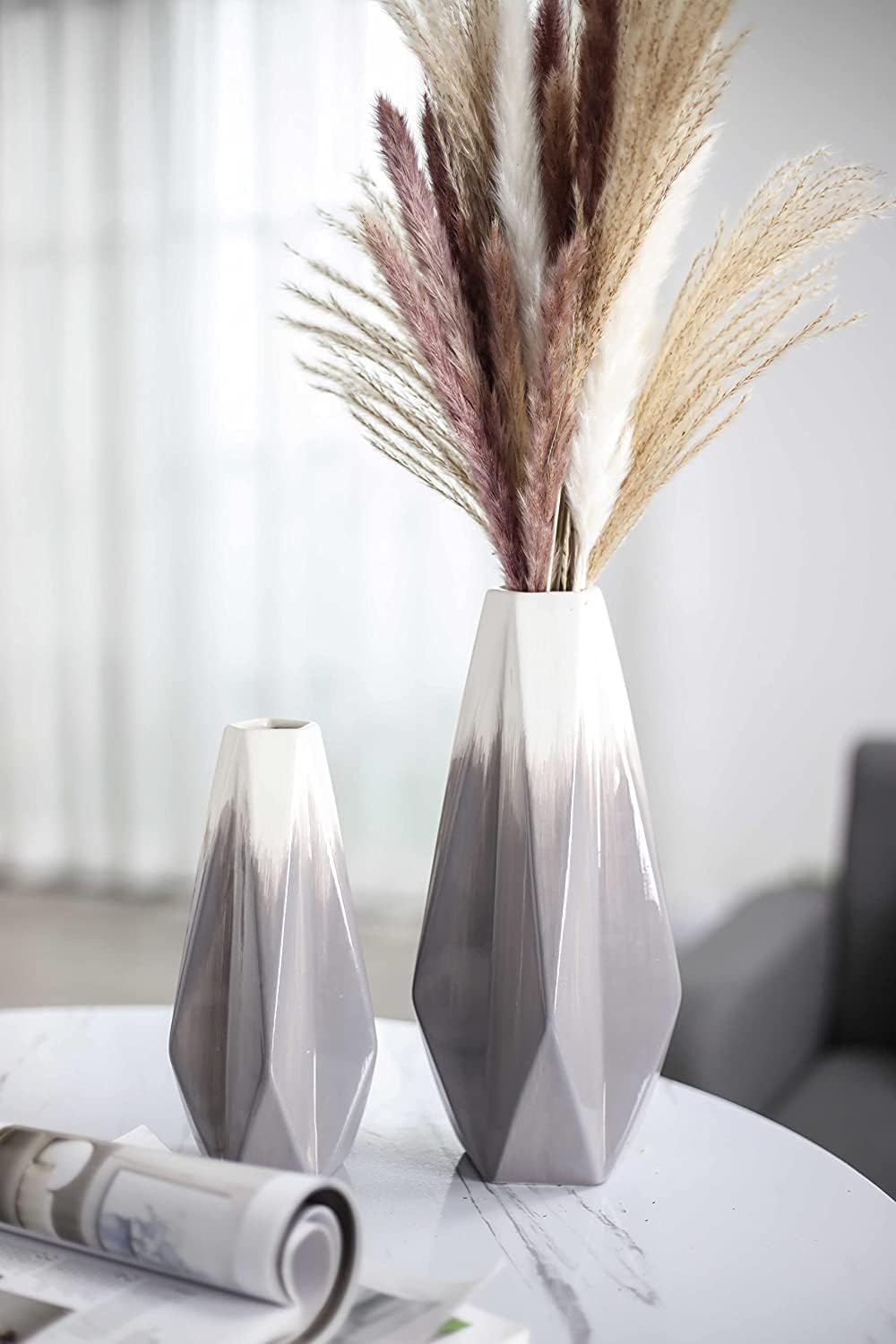 TERESA'S COLLECTIONS Grey Vases Home Decor, Gray Vase for Mantel Decor, Modern Decorative White Flowers Vase for Living Room, Shelf, Pampas Grass, Ideal Gift for Valentines Day, Mom-Set of 2,11 inch