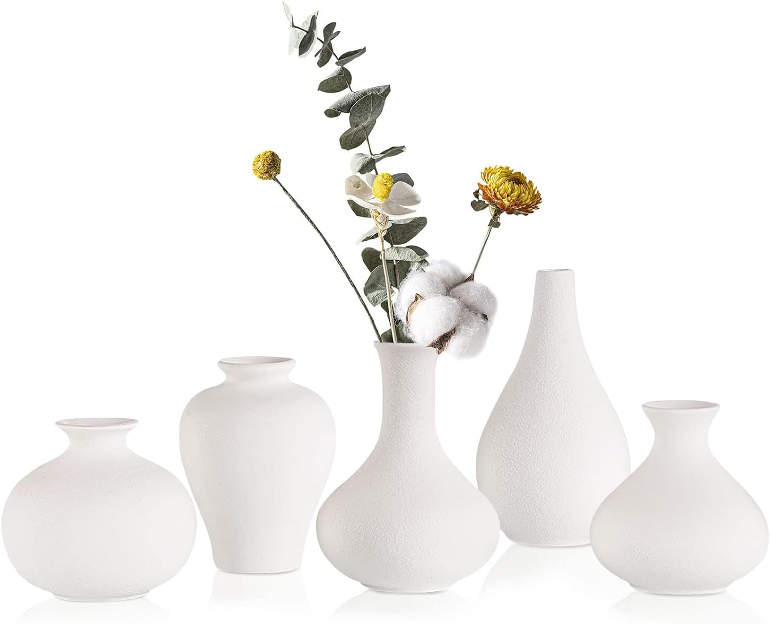 Small White Vase Set 5 Cute Mini Ceramic Vases for Decor,White Bud Vases for Pampas Grass Rustic Vases for Shelf Dining Table,Bookshelf,Coffee Table Entryway Modern Farmhouse Decor Vases