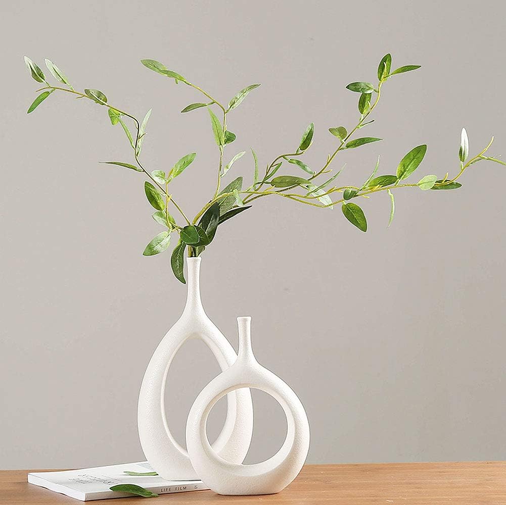 VanEnjoy Set of 2 Simple Modern White Ceramic Flower Vase for Home Decor, Zen Vases, Unique Hollow Geometric Bud Vases for Living Room Bedroom Dining Table