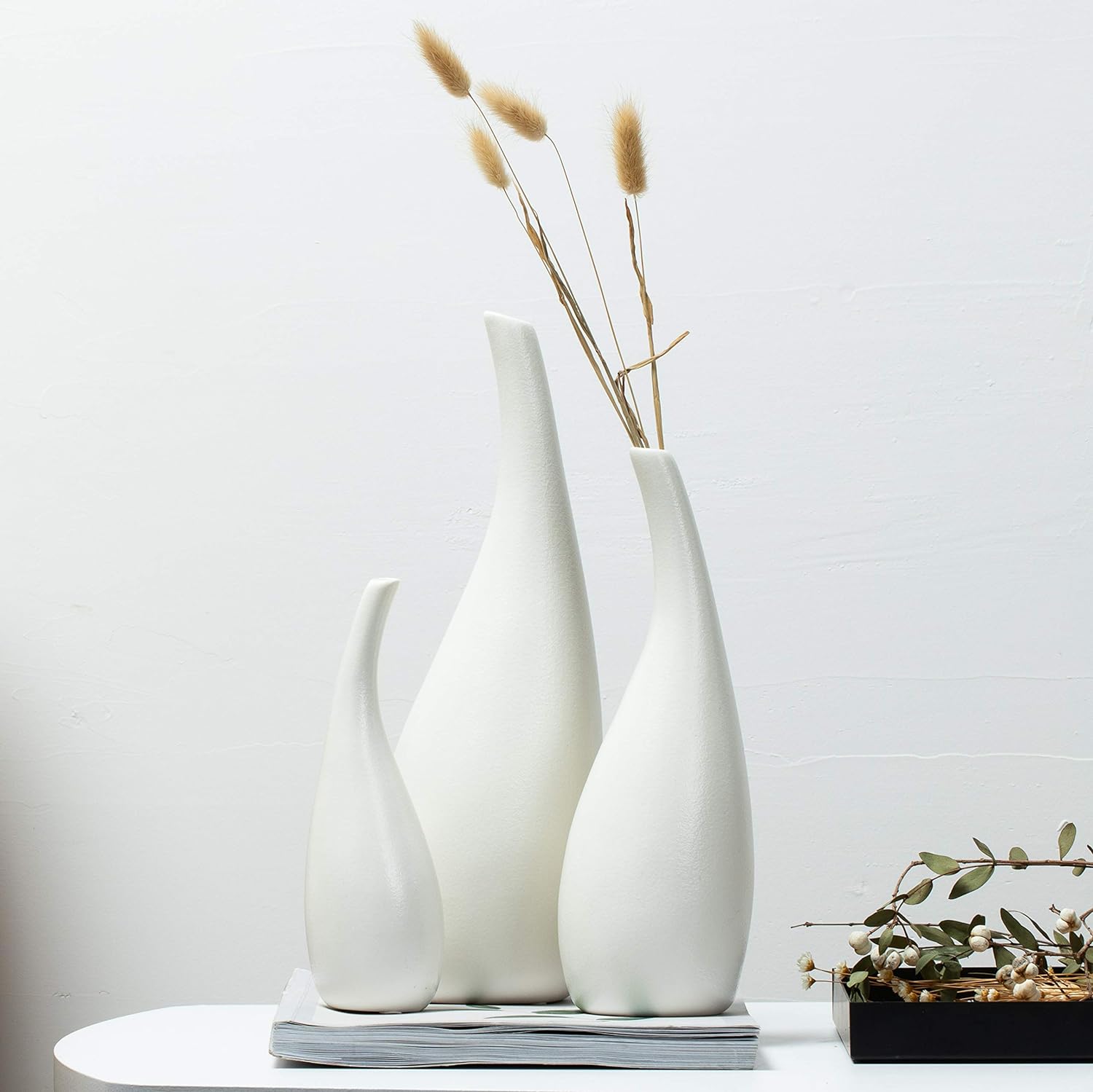 Kimisty White Ceramic Vases Set 3, Drop Shape, White, Ceramic Vase Set, White Modern Vase, Ceramic Modern Decor, Fire Mantle, Fire Place Decoration, Rustic Modern Flower Vase, X