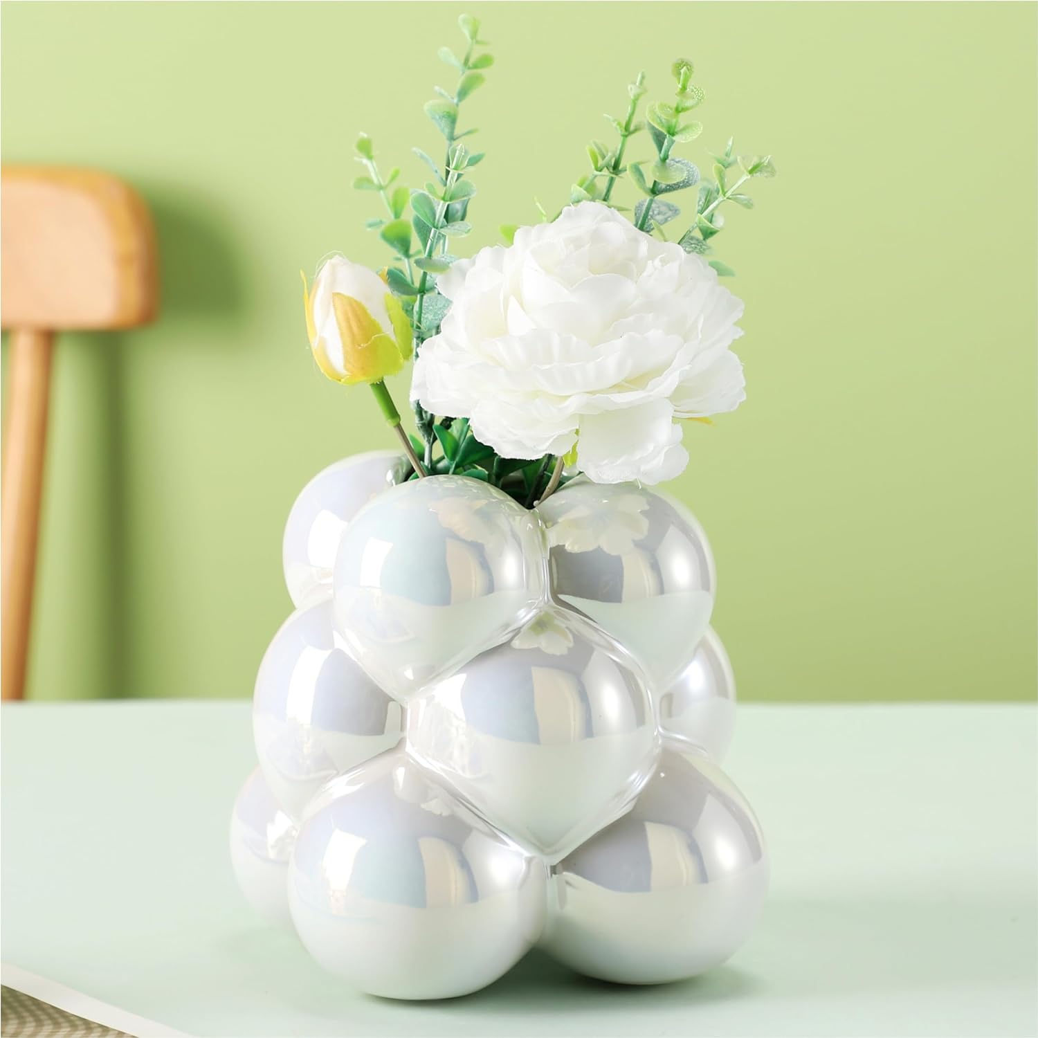 Nordic Plating Pearl White Ceramic Vase Dining Table Top Decoration Water Cultured Porcelain Small Vase Home Decor